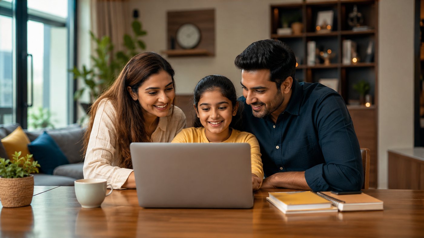 Parents sitting with their daughter at a laptop during a demo class