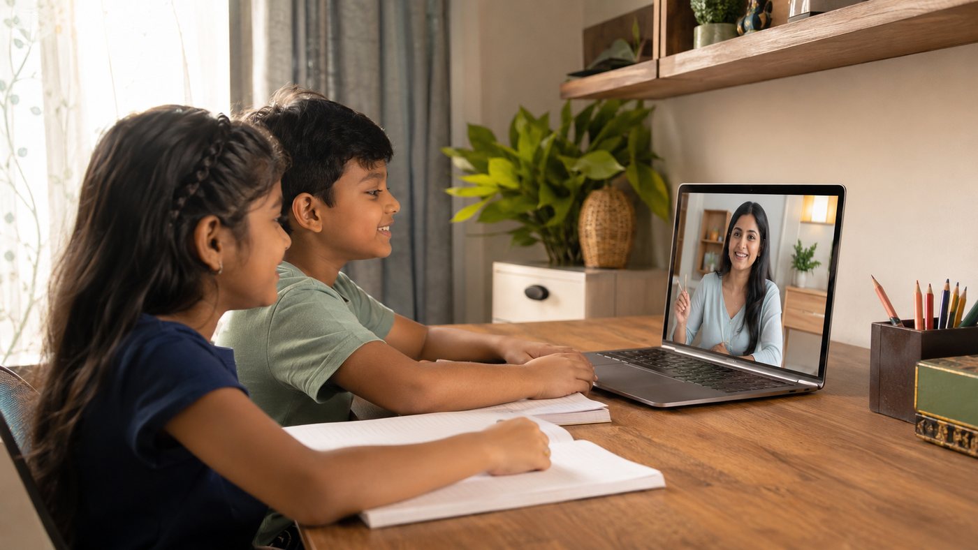Two children in a live online class with their teacher on screen