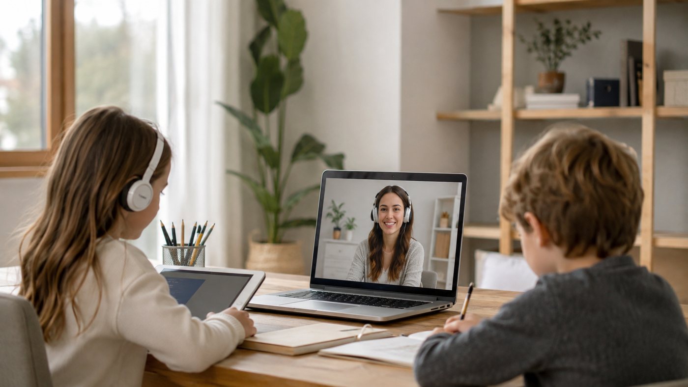 Children joining a live online session from home