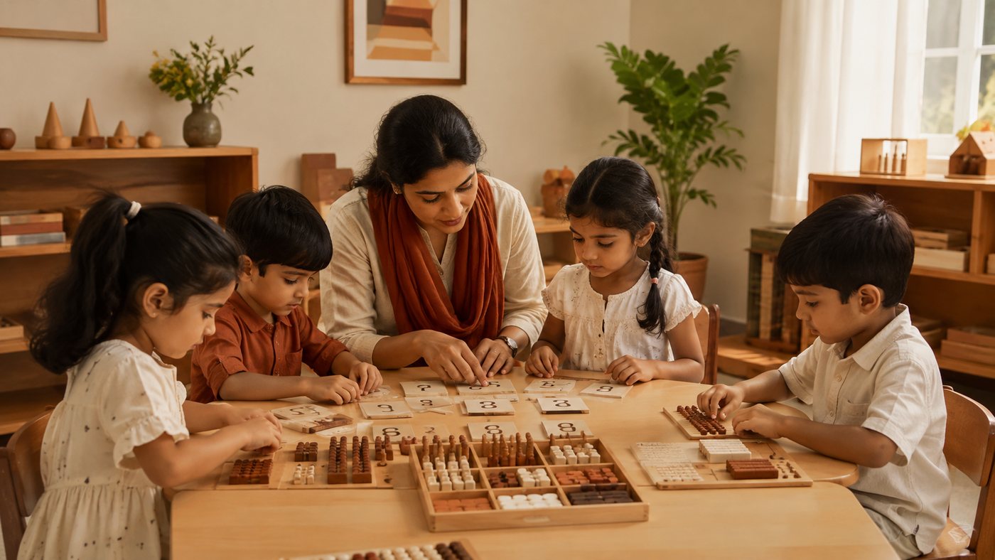 Children working with wooden number materials alongside their teacher