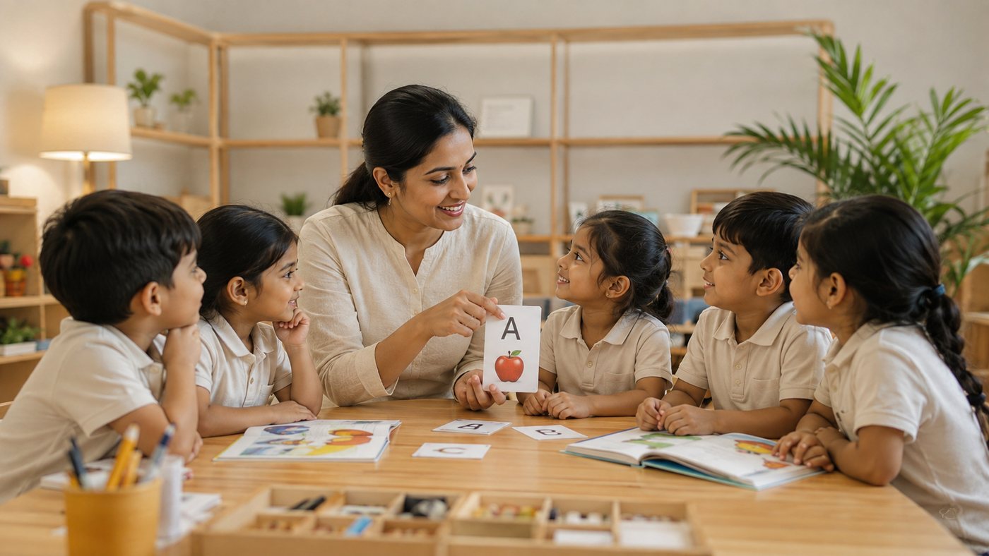 A teacher showing an alphabet flashcard to a group of young children