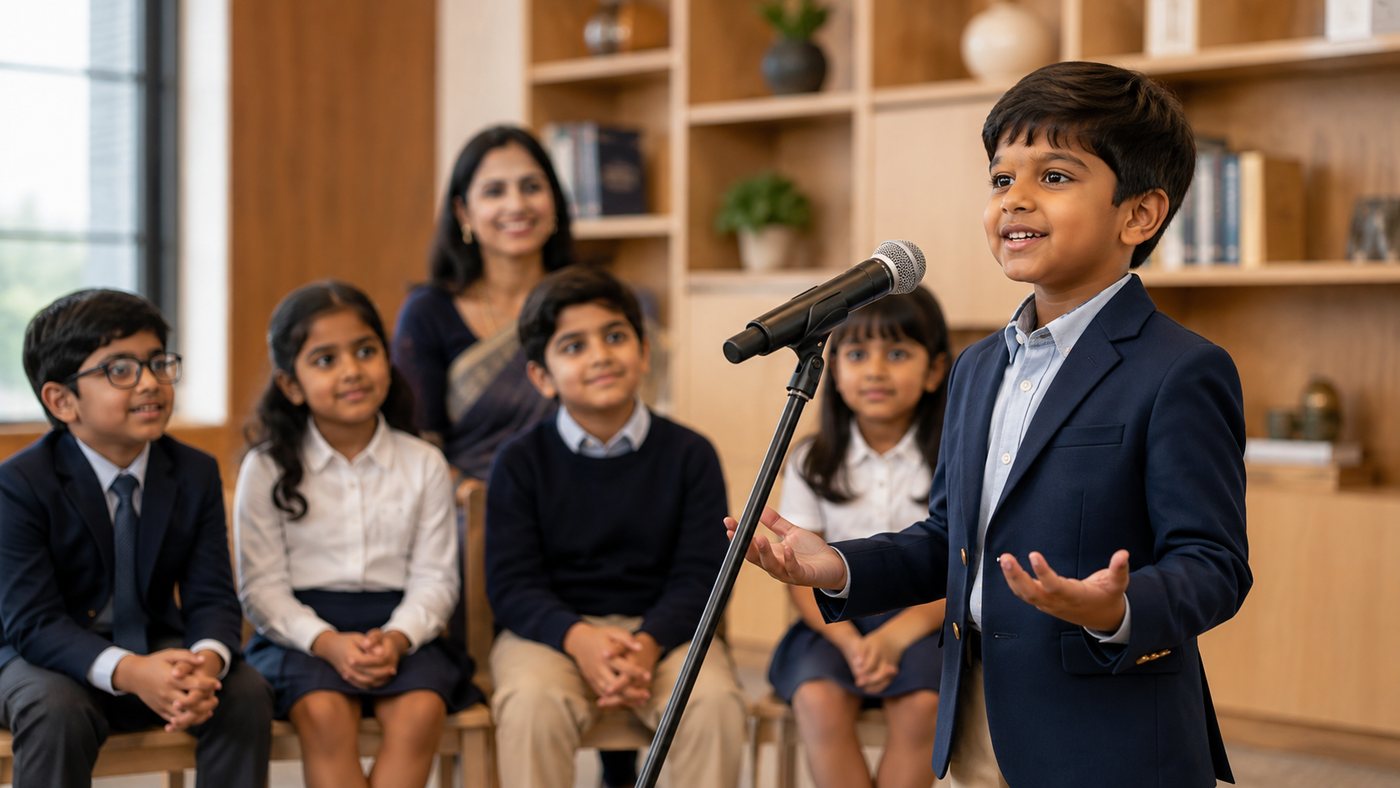 A young boy speaking into a microphone in front of an audience
