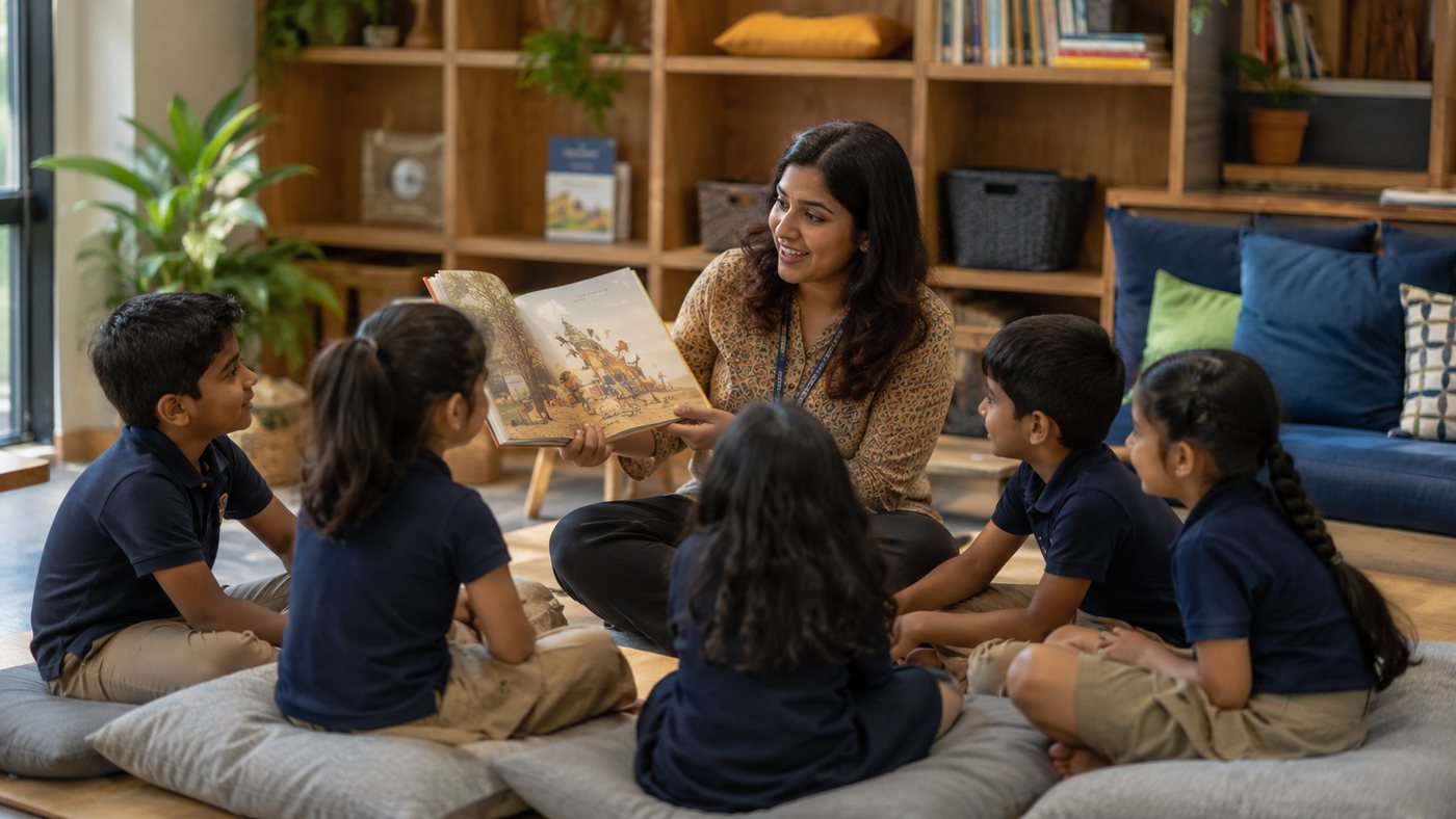 A teacher reading a picture book to a circle of children