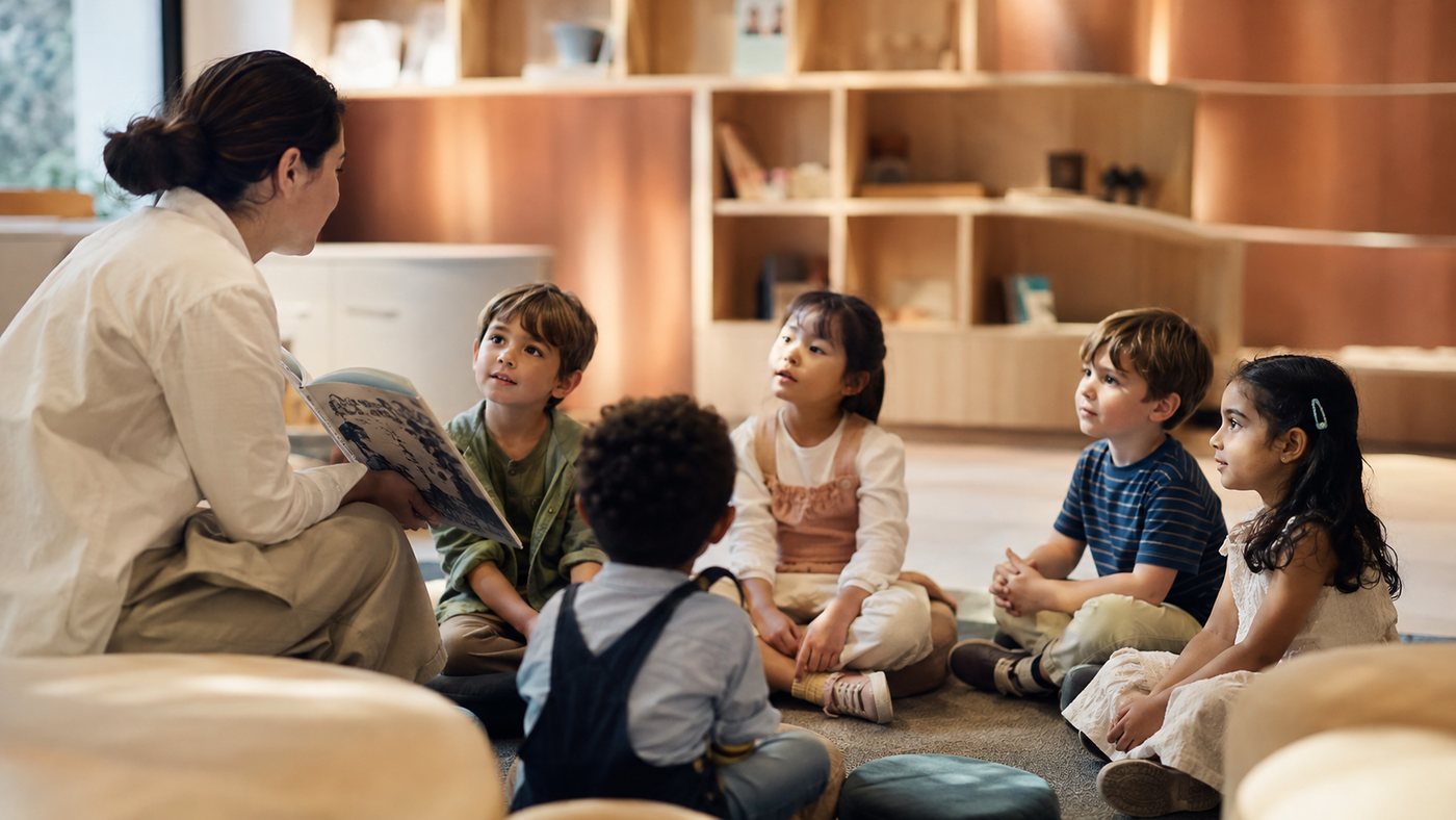A teacher reading with a circle of young children
